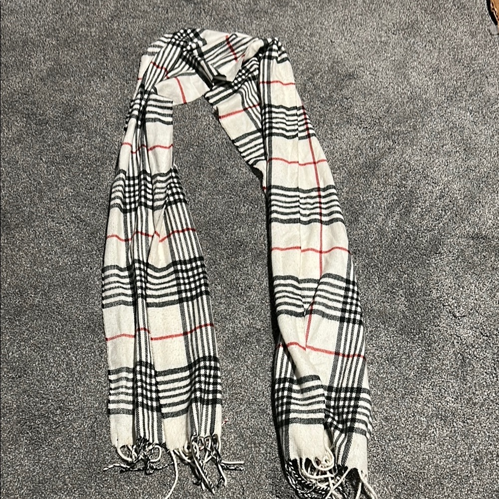 Plaid White, Black, and Red Scarf with Tassels